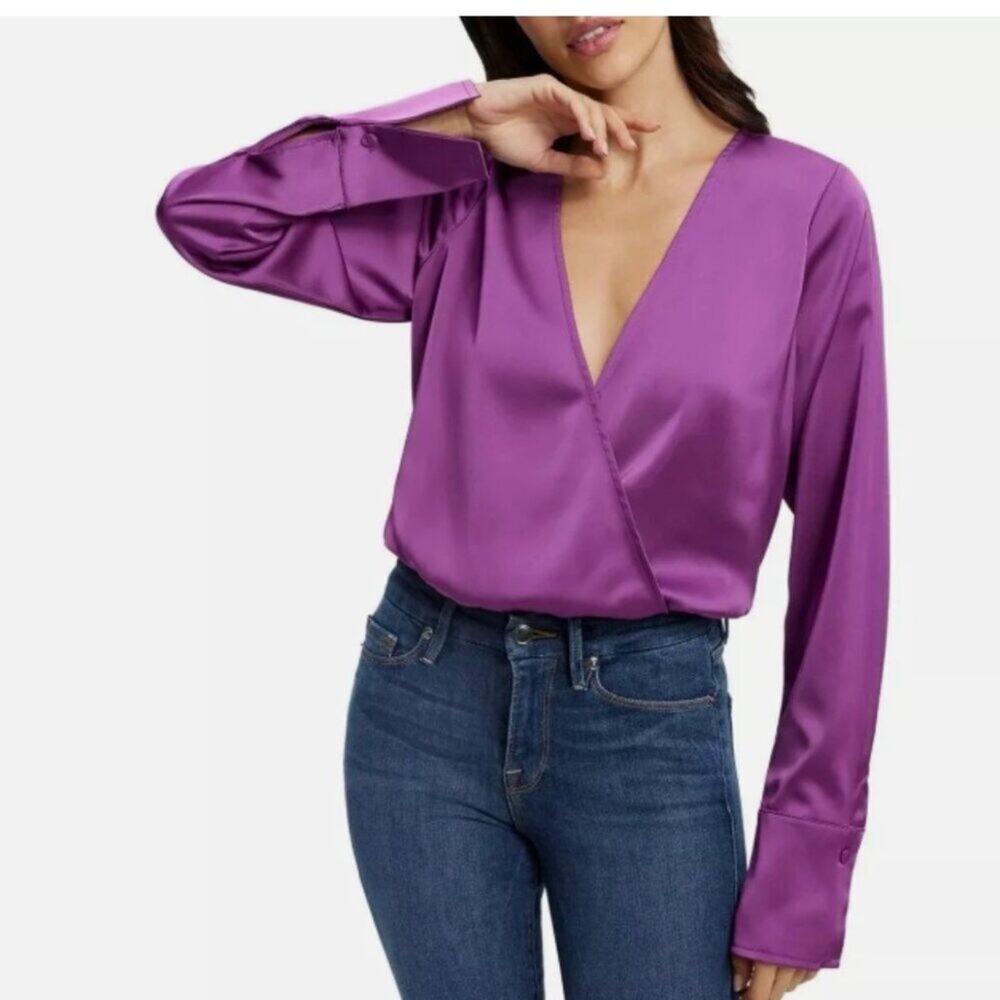 Good American Faux Wrap Satin Top Purple